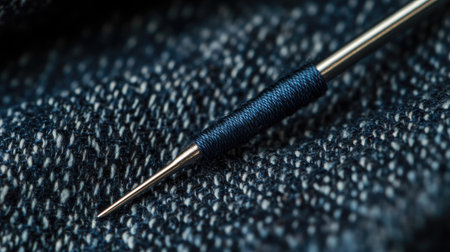 Silver needle threaded with dark blue thread, poised above rough denim fabricの素材
