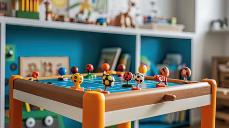 Small toy table football set on a playroom table, surrounded by other toys and booksの素材