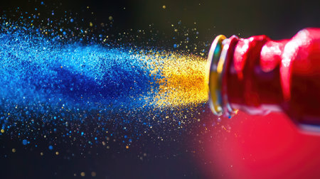 High-speed capture of paint powder spraying from a can in vivid red, blue, and yellow huesの素材