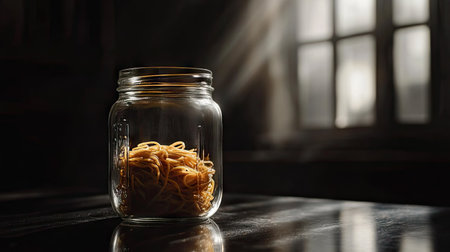 Raw spaghetti in a glass jar placed on a black textured kitchen surface with soft side lightingの素材