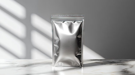 Realistic foil ziplock pouch mockup on a marble counter with dramatic side lightingの素材