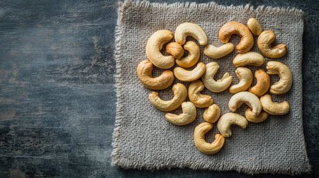 Roasted cashews arranged in a heart shape on a textured napkin, emphasizing healthy snackingの素材