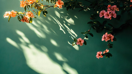 Sunlit green wall with tropical flowers in pink and orange, casting gentle shadowsの素材