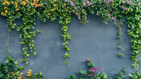Urban outdoor wall transformed with climbing green plants and blossoming flowers, natural design conceptの素材