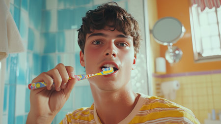 Young man brushing his teeth with a colorful toothbrush in a bright, cheerful bathroomの素材