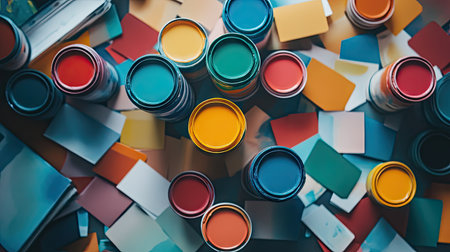 Top-down view of colorful paint cans with matching color palette cards spread aroundの素材