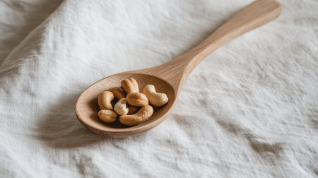 Wooden spoon filled with roasted salted cashews resting on linen kitchen clothの素材