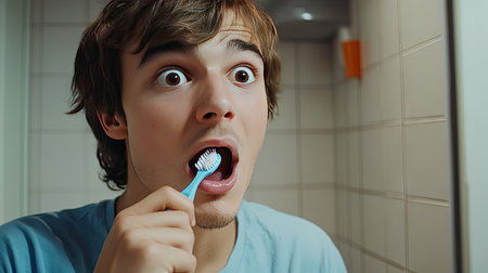 Young man brushing his teeth with a surprised expression, looking at something off-cameraの素材