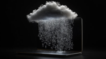D illustration of a cloud hovering over a laptop with binary code flowing out of the screenの素材