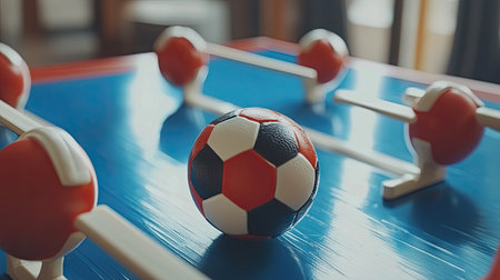 Toy table football set in action with ball rolling toward the goal, close-up focusの素材