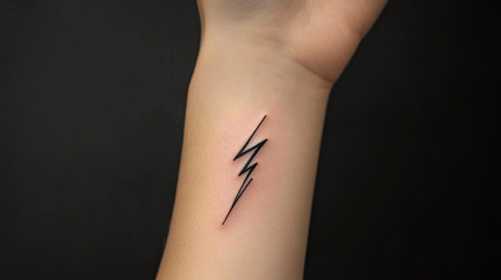 A basic lightning bolt tattoo on the wrist, surrounded by clean skin and a plain backgroundの素材