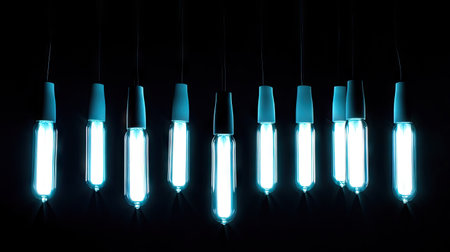 Artistic composition of hanging fluorescent light bulbs glowing softly on a black backgroundの素材
