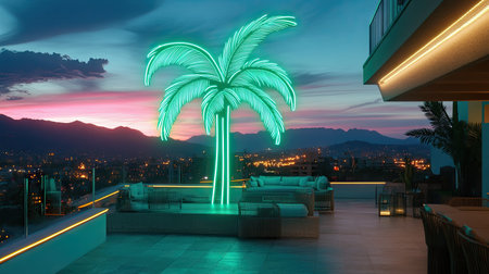 An artistic neon sign of a palm tree glowing in teal and green on a rooftop patio at nightの素材