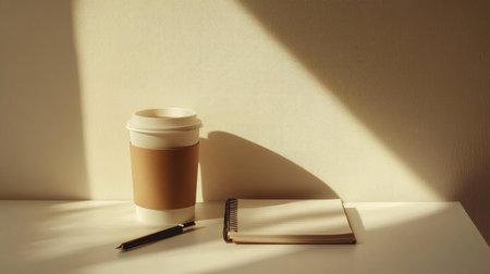 A minimalist scene with a coffee cup, notebook, and pen arranged neatly on a white background, ideal for productivity themesの素材
