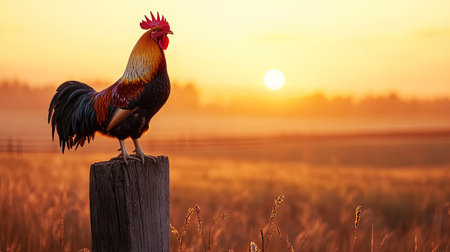 A majestic rooster crowing at dawn atop a weathered fencepost, with golden light streaming over a rural landscapeの素材