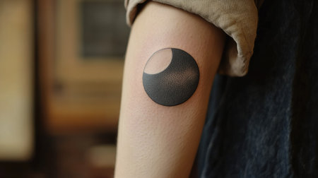 A circle tattoo on the elbow joint, simple and bold against neutral-toned clothingの素材