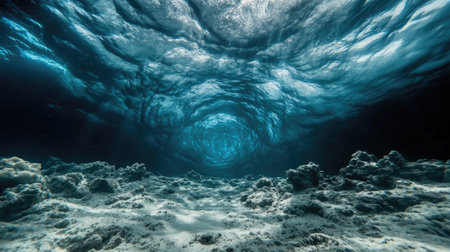 Abstract underwater vortex with shimmering currents and dynamic motion, viewed from beneathの素材