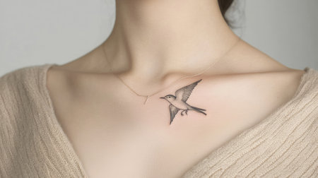 A delicate one-line tattoo of a bird in flight on the collarbone, shown in soft focusの素材