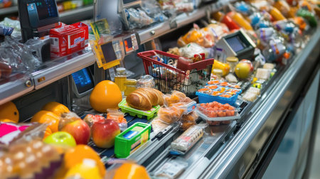 A humorous shot of unusual items like toys and electronics mixed with food on a grocery checkout conveyor beltの素材