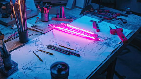 A custom neon sign in progress on a workshop table, with glass tubes, tools, and sketches scattered aroundの素材