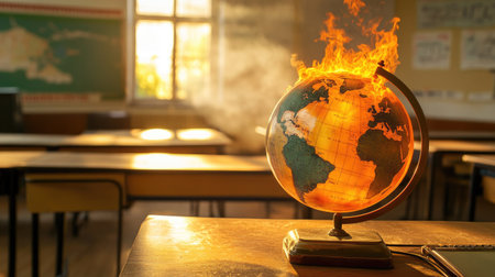A globe in a classroom set ablaze, symbolizing climate education and urgency for young generationsの素材