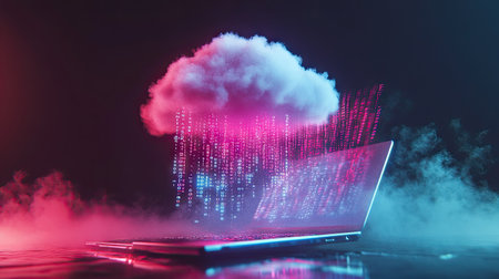 D illustration of a cloud hovering over a laptop with binary code flowing out of the screenの素材