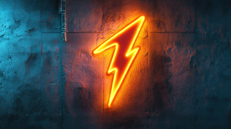 A glowing neon lightning bolt sign mounted on a dark concrete wall, casting bold light and shadowsの素材