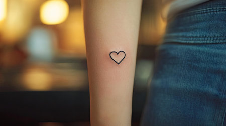 A close-up of a minimalist tattoo of a tiny heart on the inner wrist, captured in soft natural lightの素材