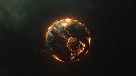 A burning Earth floating in space with flames engulfing continents, symbolizing climate change and global crisisの素材