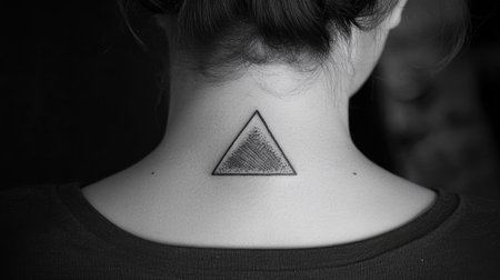 A geometric tattoo of a triangle on the back of the neck, framed by short hair or an updoの素材
