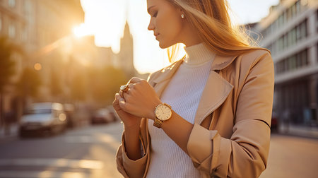 A fashionable woman checking her elegant gold wrist watch while walking down a city street on a sunny dayの素材