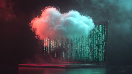 D illustration of a cloud hovering over a laptop with binary code flowing out of the screenの素材