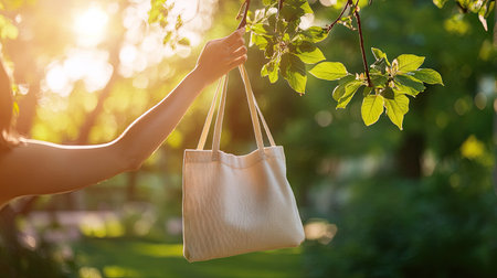 Woman's hand reaching for a cotton tote hanging on a tree branch in a sunlit parkの素材