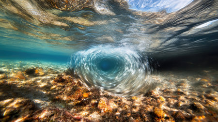 Artistic underwater shot of a vortex forming in clear blue water, captured with dynamic motion blurの素材