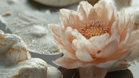 A close-up shot of a blooming lotus in pale pink beside a lily pad, highlighting textures and natural beautyの素材