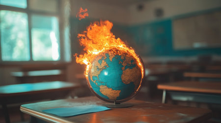 A globe in a classroom set ablaze, symbolizing climate education and urgency for young generationsの素材