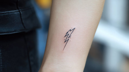 A basic lightning bolt tattoo on the wrist, surrounded by clean skin and a plain backgroundの素材