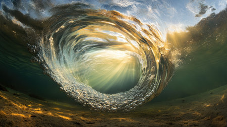 Air bubbles spiraling into an underwater vortex, lit by sunlight streaming from above the surfaceの素材