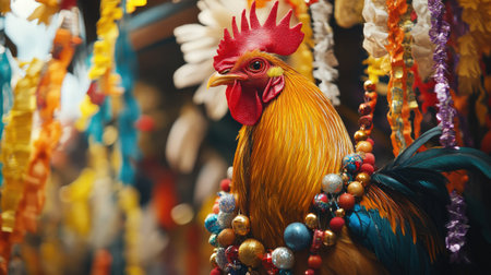 A festive scene of a rooster decorated with ribbons and beads during a local cultural celebrationの素材
