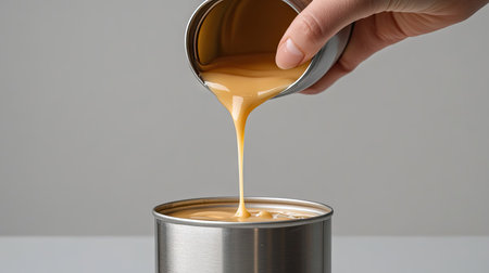 A hand pouring condensed milk from a can into a small bowl, with drips frozen in motionの素材