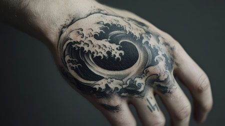 A clean black ink tattoo of a wave on the side of the hand, with neutral tones in the backgroundの素材