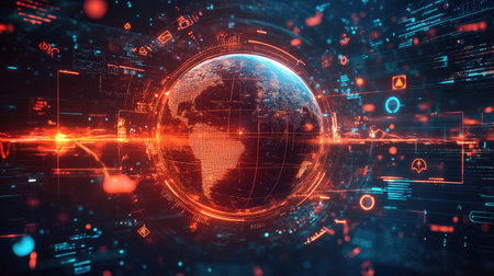 A futuristic digital artwork of Earth on fire with warning icons and data overlays representing climate emergenciesの素材