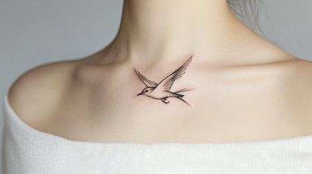 A delicate one-line tattoo of a bird in flight on the collarbone, shown in soft focusの素材