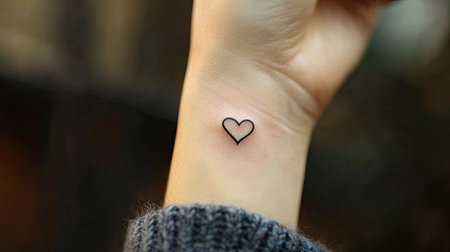 A close-up of a minimalist tattoo of a tiny heart on the inner wrist, captured in soft natural lightの素材