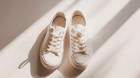 A pair of white sneakers neatly placed on a white background with soft shadows for e-commerce or fashion useの素材
