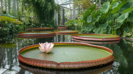A peaceful botanical garden pond with a single pale pink lotus flower next to a large round lily padの素材
