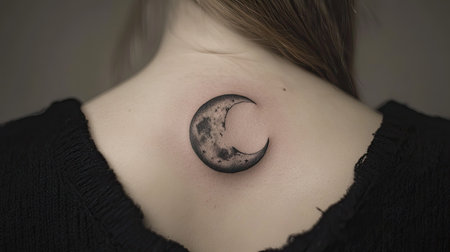 A moon phase minimalist tattoo along the spine, captured in gentle side lighting for contrastの素材