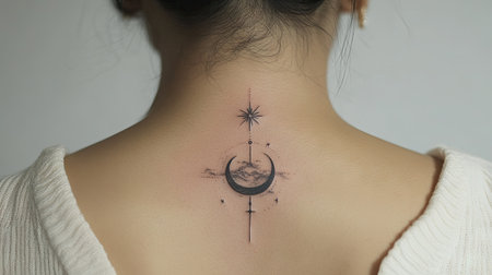 A moon phase minimalist tattoo along the spine, captured in gentle side lighting for contrastの素材