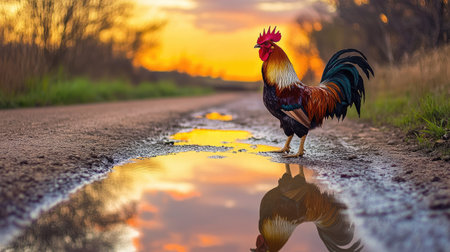 A rooster and sunrise reflected in a puddle on a dirt road, creating a serene and artistic compositionの素材