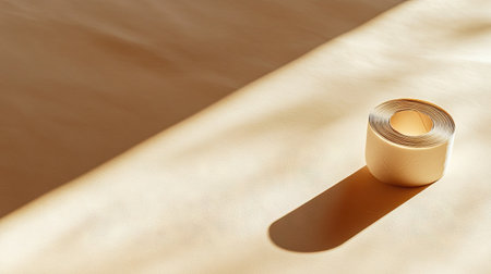 A partially used roll of tape casting a soft shadow on a neutral light-colored backgroundの素材